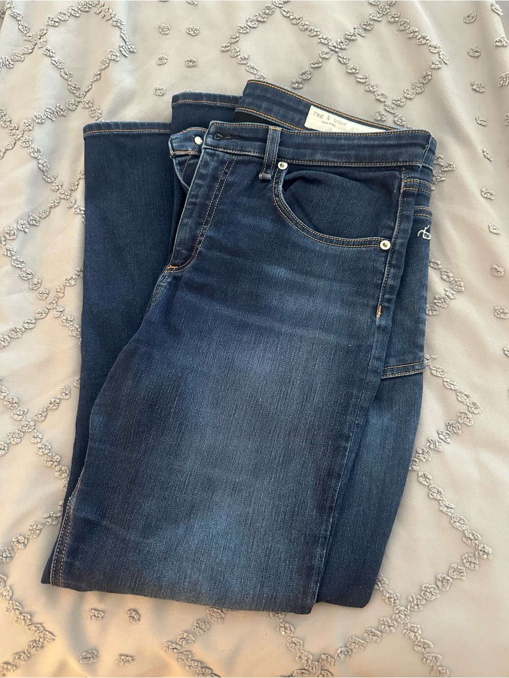rag & bone Cate Mid-Rise Skinny Jeans indigo denim with tan contrast stitching